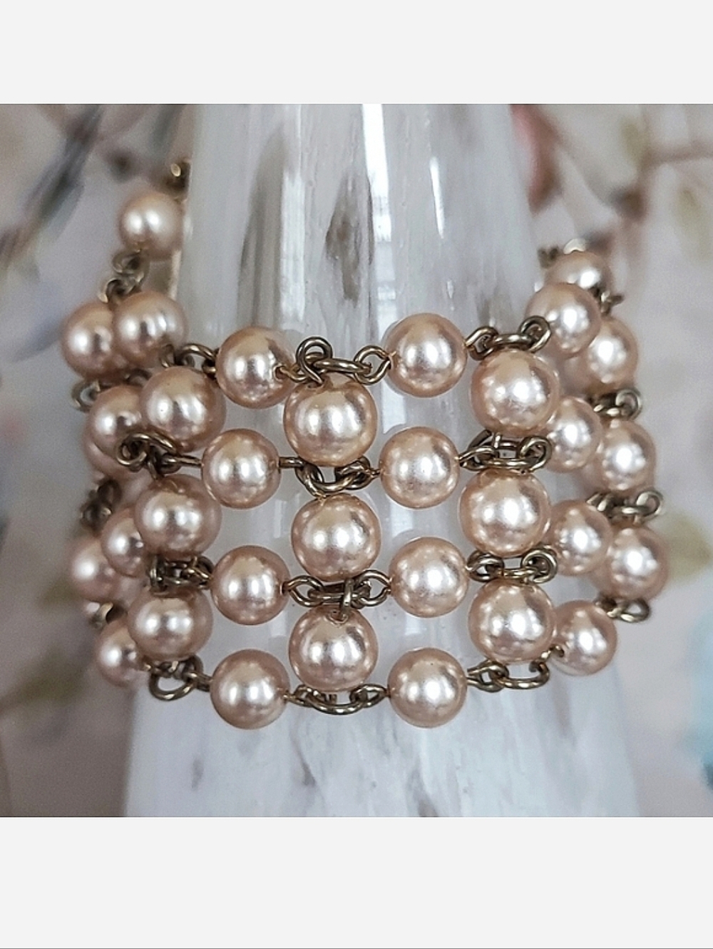 Champagne Creamy Pink Hue Faux Pearl Bracelet Gold Tone Vintage Rosary Style